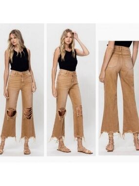 VERVET Leslie 90’s Vintage Flare High-Rise Tan Wide-Leg Distressed Jeans Size 25